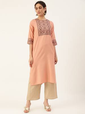 Peach embroidered rayon kurtas-and-kurtis 1