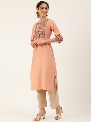 Peach embroidered rayon kurtas-and-kurtis 3