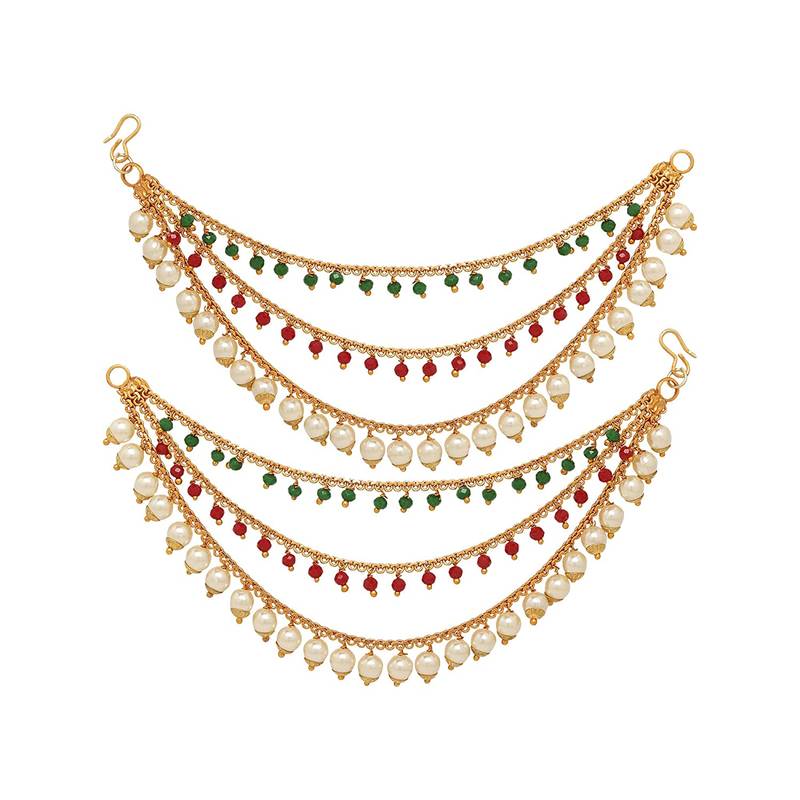 Jewel Farm Gold Plated Bahubali Inspired Three Layered Pearl Ear Chain For Women