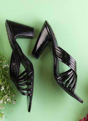 Black, Strappy Shoes, Block Heels, Leather 2