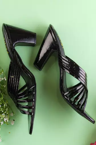 Black, Strappy Shoes, Block Heels, Leather