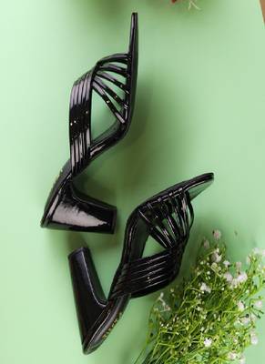 Black, Strappy Shoes, Block Heels, Leather 3