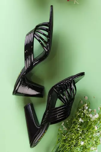 Black, Strappy Shoes, Block Heels, Leather