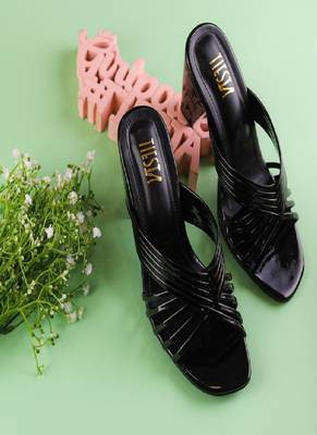 Black, Strappy Shoes, Block Heels, Leather 4