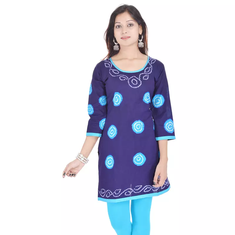 Navy Blue Cotton Bandhej Design Kurti