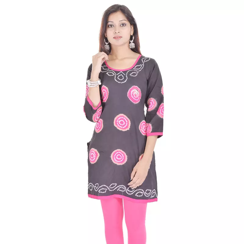 Gray Cotton Bandhej Design Kurti