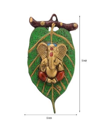 Metal Lord Ganesh God Idol on Leaf Wall Hanging Statue for Puja Vastu Figurine Showpiece 2