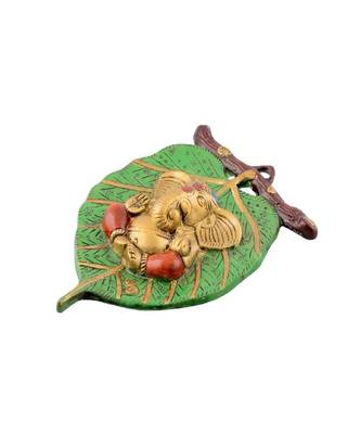 Metal Lord Ganesh God Idol on Leaf Wall Hanging Statue for Puja Vastu Figurine Showpiece 3
