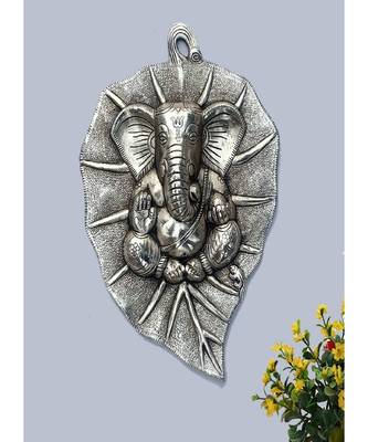 Silver Plated Ganesh on Leaf Metal Wall Hanging Idol Decor Arts 3