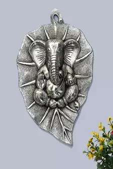 Silver Plated Ganesh on Leaf Metal Wall Hanging Idol Decor Arts