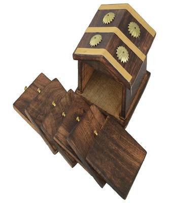 Wooden & Brass Antique Hut Shape Coaster Set Home Decor Gift Item 2