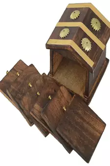 Wooden & Brass Antique Hut Shape Coaster Set Home Decor Gift Item