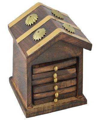 Wooden & Brass Antique Hut Shape Coaster Set Home Decor Gift Item 3