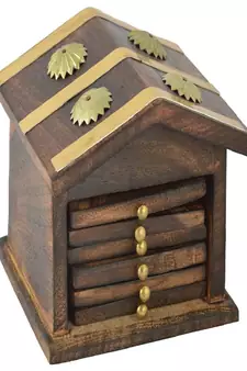 Wooden & Brass Antique Hut Shape Coaster Set Home Decor Gift Item