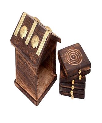 Wooden & Brass Antique Hut Shape Coaster Set Home Decor Gift Item 4