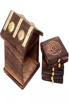 Wooden & Brass Antique Hut Shape Coaster Set Home Decor Gift Item