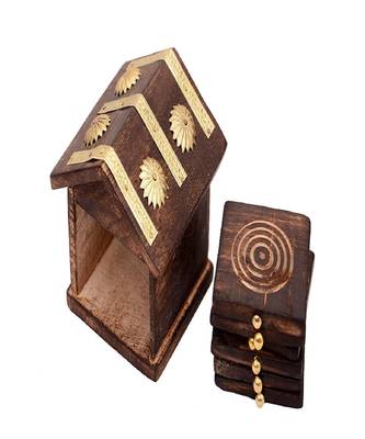 Wooden & Brass Antique Hut Shape Coaster Set Home Decor Gift Item 5