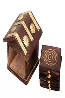 Wooden & Brass Antique Hut Shape Coaster Set Home Decor Gift Item