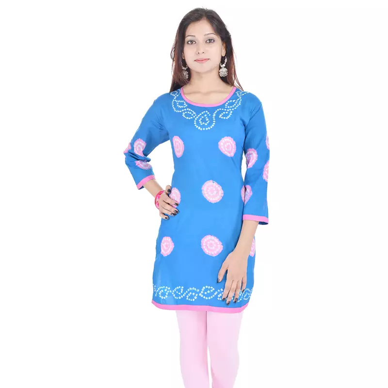 Blue Cotton Bandhej Design Kurti