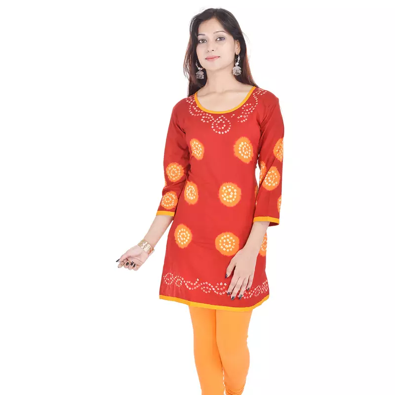 Red Cotton Bandhej Design Kurti