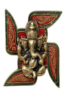 Ganesha Placed on Swastik Aluminium Metal Wall Hanging