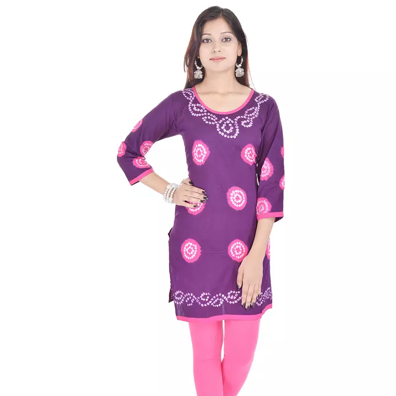 Purple Cotton Bandhej Design Kurti