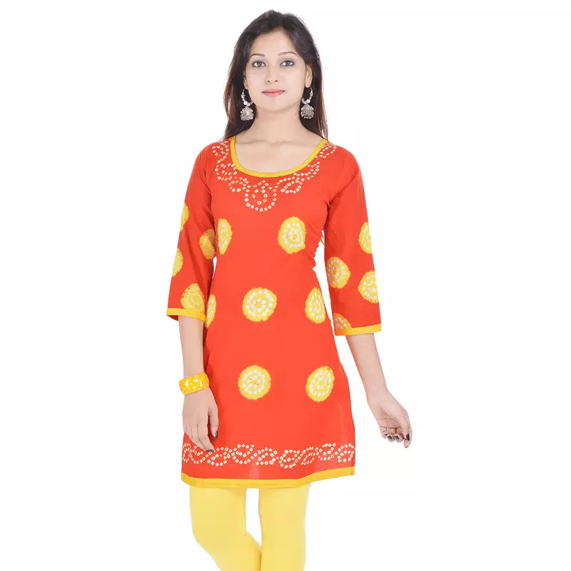 Orange Cotton Bandhej Design Kurti
