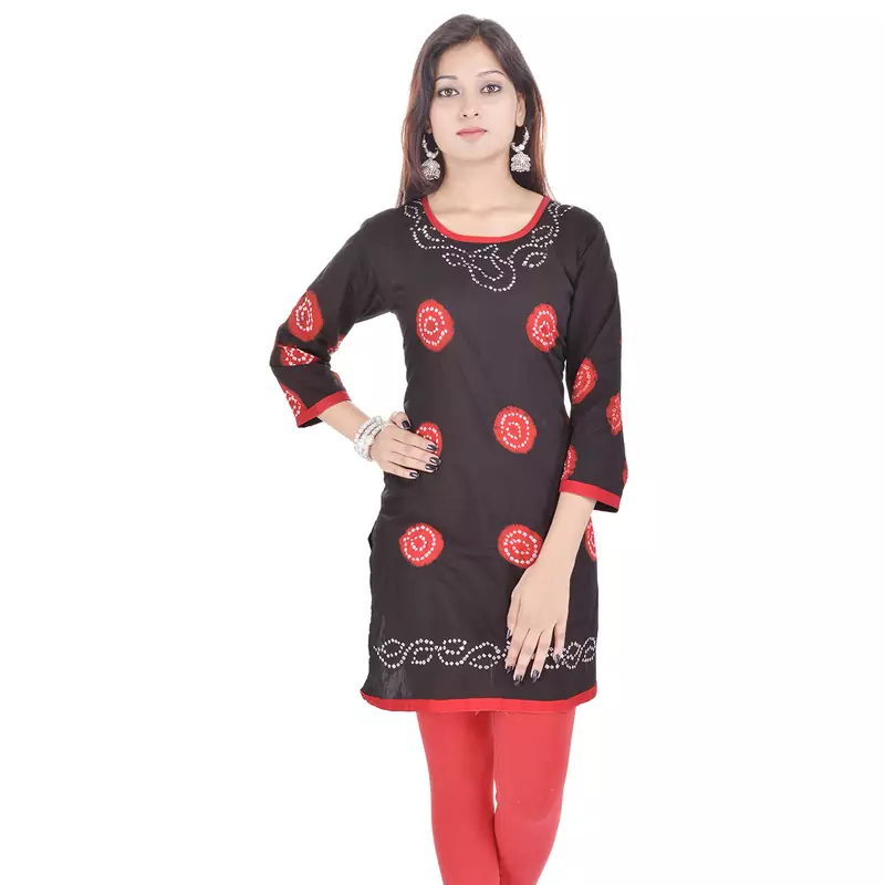 Black Cotton Bandhej Design Kurti