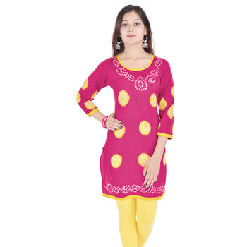 Pink Cotton Bandhej Design Kurti 1