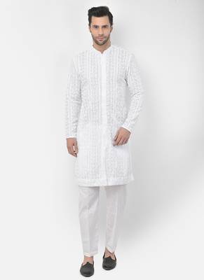 DEYANN Embroidered Chikankari White Color Kurta with White Color Trouser Set 1