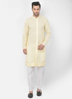 DEYANN Embroidered Chikankari Yellow Color Kurta with White Color Trouser Set 1