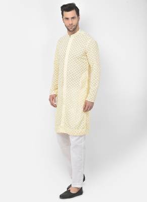 DEYANN Embroidered Chikankari Yellow Color Kurta with White Color Trouser Set 2