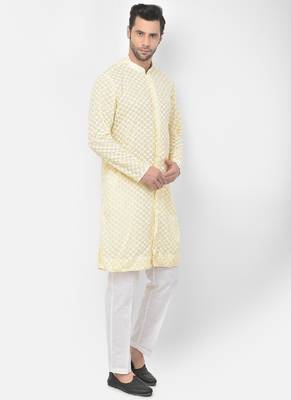 DEYANN Embroidered Chikankari Yellow Color Kurta with White Color Trouser Set 3
