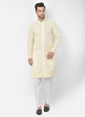 DEYANN Embroidered Chikankari Yellow Color Kurta with White Color Trouser Set 1