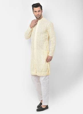 DEYANN Embroidered Chikankari Yellow Color Kurta with White Color Trouser Set 2