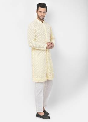 DEYANN Embroidered Chikankari Yellow Color Kurta with White Color Trouser Set 3