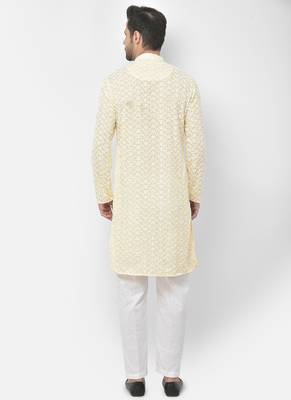 DEYANN Embroidered Chikankari Yellow Color Kurta with White Color Trouser Set 4
