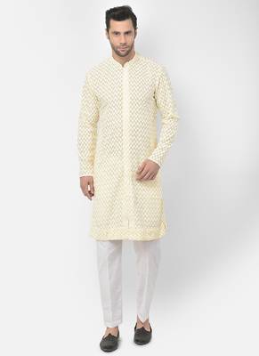 DEYANN Embroidered Chikankari Yellow Color Kurta with White Color Trouser Set 1