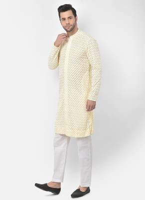 DEYANN Embroidered Chikankari Yellow Color Kurta with White Color Trouser Set 2