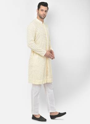 DEYANN Embroidered Chikankari Yellow Color Kurta with White Color Trouser Set 3