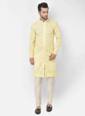 DEYANN Embroidered Chikankari Yellow Color Kurta with white Color Trouser Set 1