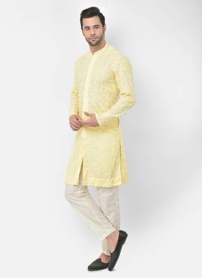 DEYANN Embroidered Chikankari Yellow Color Kurta with white Color Trouser Set 2