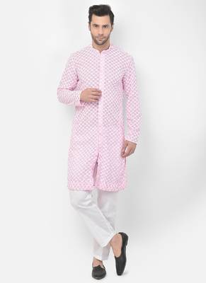 DEYANN Embroidered Chikankari Pink Color Kurta with White Color Trouser Set 1