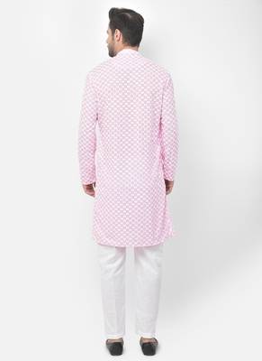 DEYANN Embroidered Chikankari Pink Color Kurta with White Color Trouser Set 4