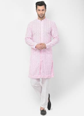 DEYANN Embroidered Chikankari Pink Color Kurta with White Color Trouser Set 1