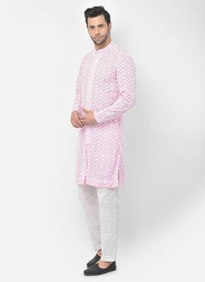 DEYANN Embroidered Chikankari Pink Color Kurta with White Color Trouser Set 2