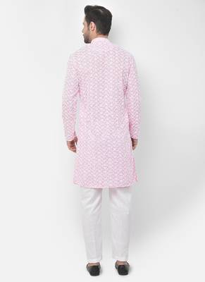 DEYANN Embroidered Chikankari Pink Color Kurta with White Color Trouser Set 4