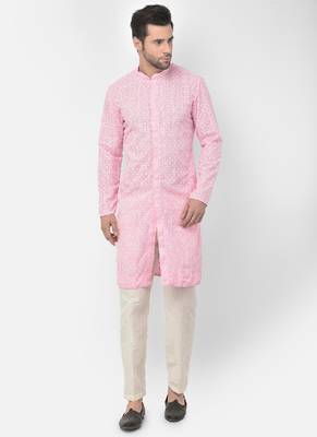 DEYANN Embroidered Chikankari Pink Color Kurta with white Color Trouser Set 1