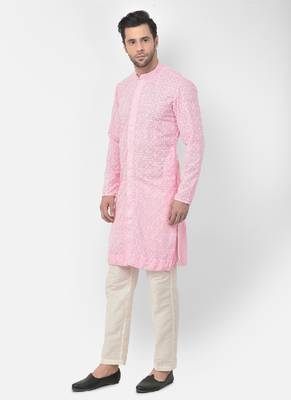 DEYANN Embroidered Chikankari Pink Color Kurta with white Color Trouser Set 2