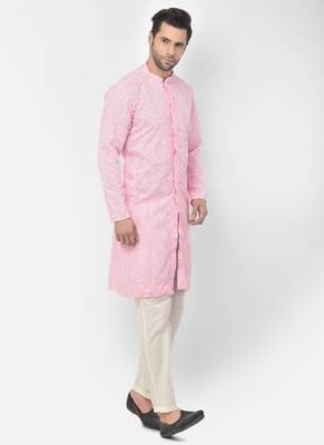 DEYANN Embroidered Chikankari Pink Color Kurta with white Color Trouser Set 3